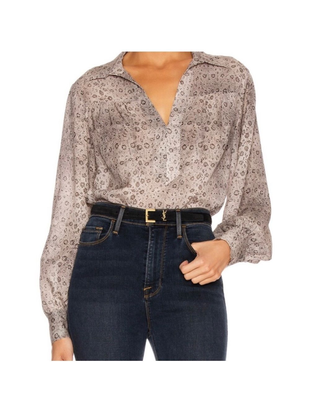 Frame Snake Print Taupe V-Neck Silk Blouse